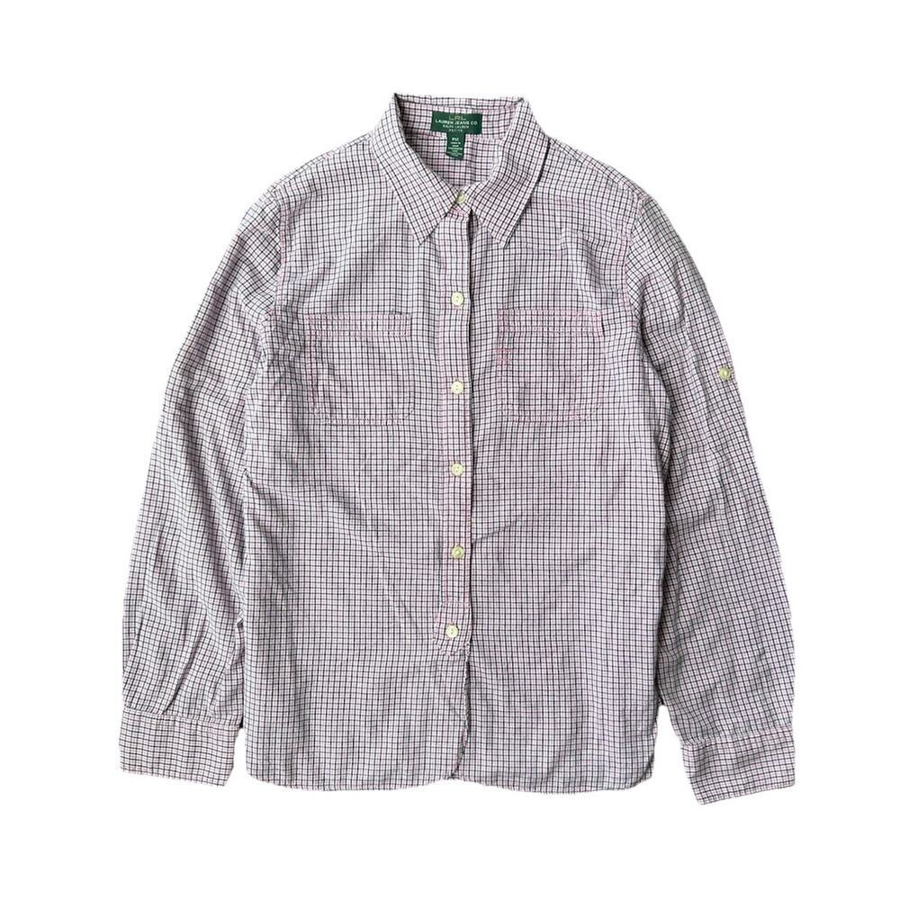 Lauren Ralph Lauren Blue Pink Cotton Gingham Button Up Collared Shirt Size M Pet